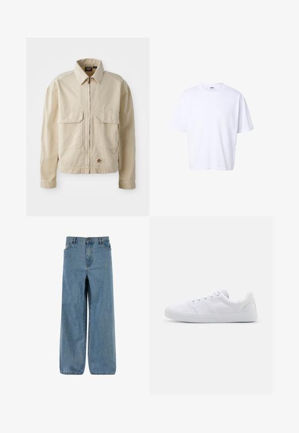 Chaqueta ligera beige con cremallera en el frente, dos bolsillos en el pecho y un pequeño logo en el dobladillo. Fabricada con un duradero tejido de algodón.; Camiseta blanca lisa de algodón, de manga corta, con cuello redondo, corte holgado y etiqueta de la marca Urban Classic dentro del cuello.; Pantalones de mezclilla de pierna ancha en azul claro. Presentan un cierre de botón y cremallera, cinco bolsillos y una textura deslavada para un aspecto clásico.; Zapatillas de lona blancas con suela de goma, que cuentan con seis ojales, una puntera texturizada y un diseño minimalista.
