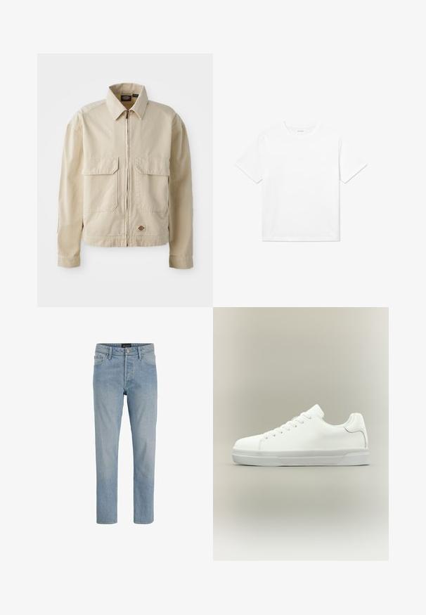 Beige, leichte Jacke mit Reißverschluss, zwei Brusttaschen und kleinem Logo am Saum. Hergestellt aus strapazierfähigem Baumwollmaterial.; Weißes Baumwoll-T-Shirt mit kurzen Ärmeln, rundem Halsausschnitt und geradem Saum. Glatte Textur ohne sichtbare Muster oder Akzente.; Hellblaue Denim-Jeans mit geradem Schnitt, fünf Taschen, Knopfverschluss und einem leicht ausgewaschenen Finish.; Weißer Sneaker in niedriger Schnittform mit Schnürung vorne, gepolstertem Kragen und strukturiertem Gummisohle, seitlich auf neutralem Hintergrund dargestellt.