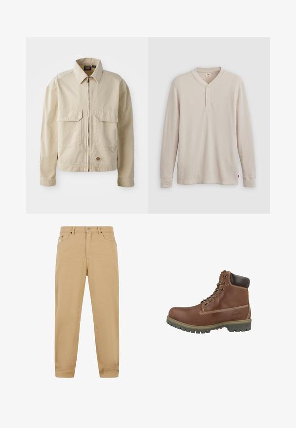 Beige, letvægtsjakke med lynlås foran, to brystlommer og et lille logo ved nederkanten. Lavet af slidstærk bomuldsstof.; Langærmet henley-skjorte i lys beige ribbet stof, med V-hals, tre-knap placket og manchetter ved ærmerne. Rød logo-tags ved kanten.; Beige bomuldsbukser med lige pasform, der har lynlåsgylp, fem lommer og diskrete stikninger. Glat tekstur og klassisk design.; Brun læderankelstøvle med rundet snude, polstret krave, hvide syninger og gummisål med mønster for godt greb.