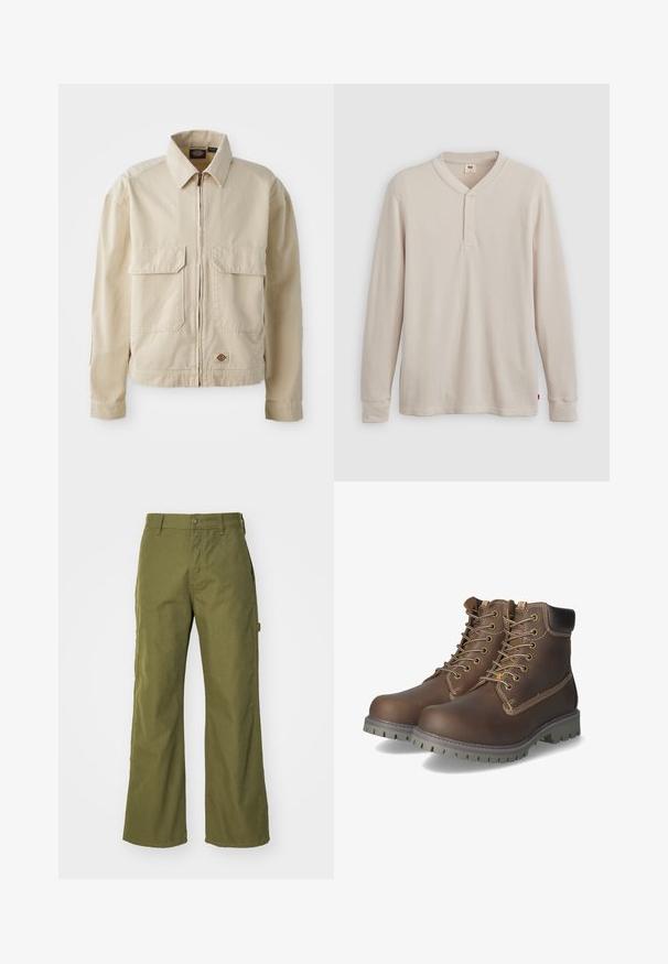 Beige, kevyt takki, jonka edessä on vetoketju, kaksi rintataskua ja pieni logo helmassa. Valmistettu kestävästä puuvillakankaasta.; Pitkähihaine henley-paitaa vaaleanbeige ribbikankaasta, jossa on V-pääntie, kolmesta nappia koostuva nappilista ja hihoissa resorit. Punainen logonauha helman kohdalla.; Vihreät leveät housut, jotka on valmistettu kestävästä kankaasta, joissa on napitus, sivutaskut ja suora helma.; Ruske nahke čevlje do gležnja z vezalkami, oblazinjenim ovratnikom, kontrastno šivanim in robustnim gumijastim podplatom s protidrsnimi vzorci.