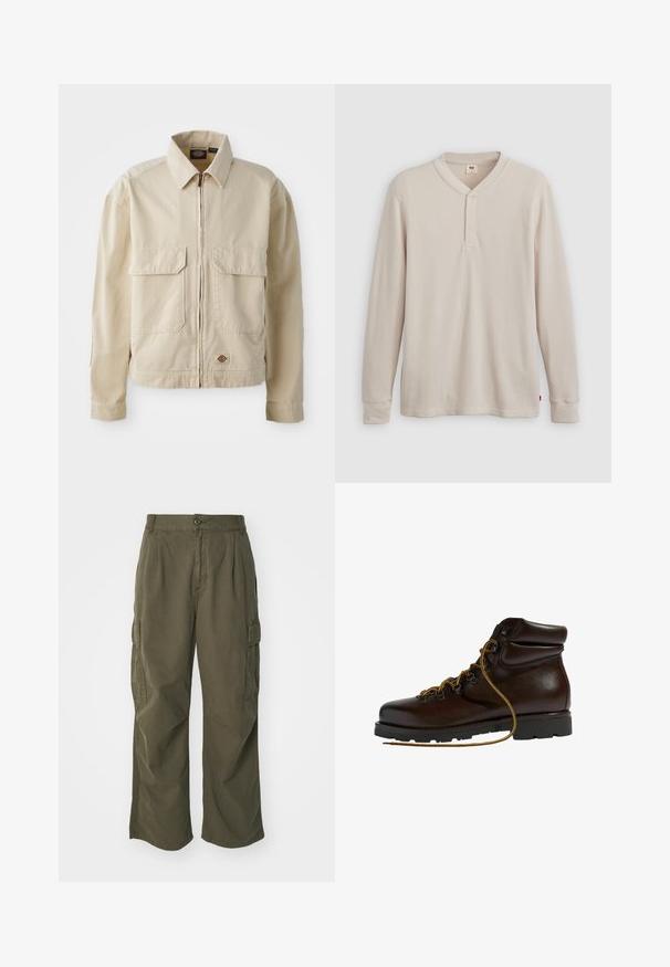 Beige, letvægtsjakke med lynlås foran, to brystlommer og et lille logo ved nederkanten. Lavet af slidstærk bomuldsstof.; Langærmet henley-skjorte i lys beige ribbet stof, med V-hals, tre-knap placket og manchetter ved ærmerne. Rød logo-tags ved kanten.; Cargo bukser i olivengrøn, lavet af bomuld, med et bredt ben design, læg og sidelommer til praktisk anvendelse.; Brun læder vandrestøvle med en afrundet tå, tekstureret overflade, gule snørebånd og metaløjer. Har en robust sort gummisål.