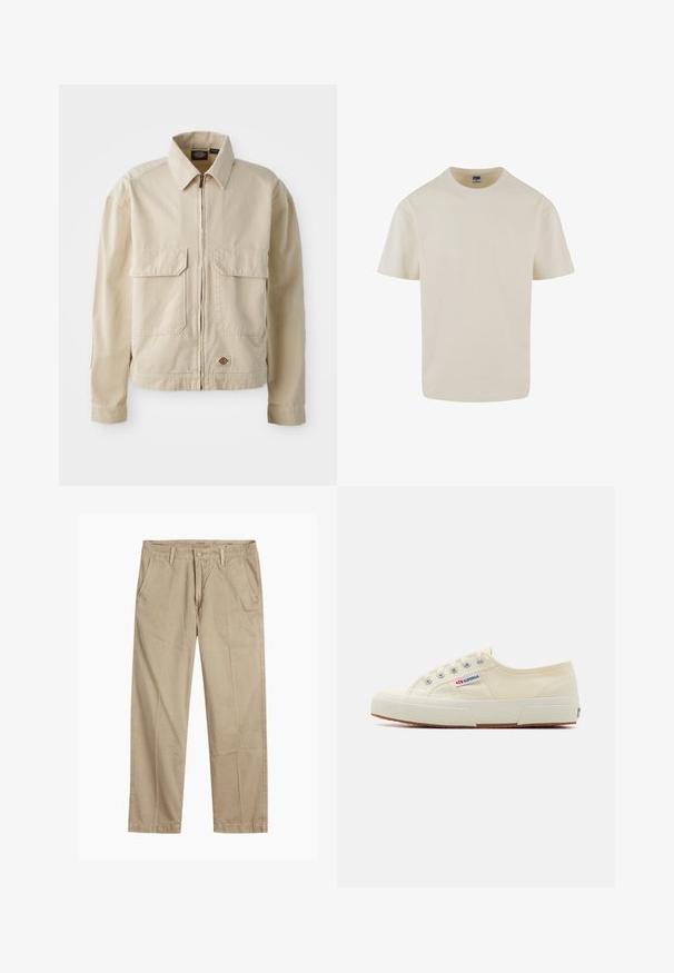 Beige, lichtgewicht jack met een rits aan de voorkant, twee borstzakken en een klein logo aan de onderrand. Gemaakt van duurzaam katoen.; Urban Classics LOOSE TEE - T-shirt basic - whitesand; Beige rechte pijpen chinos met riemlussen, voorkant met knoop en rits sluiting, en schuine voorzakken.; Beige canvas sneaker met een laag profiel, metalen oogjes en rubberen zool. Beschikt over een textuurpatroon en logodetail aan de zijkant.