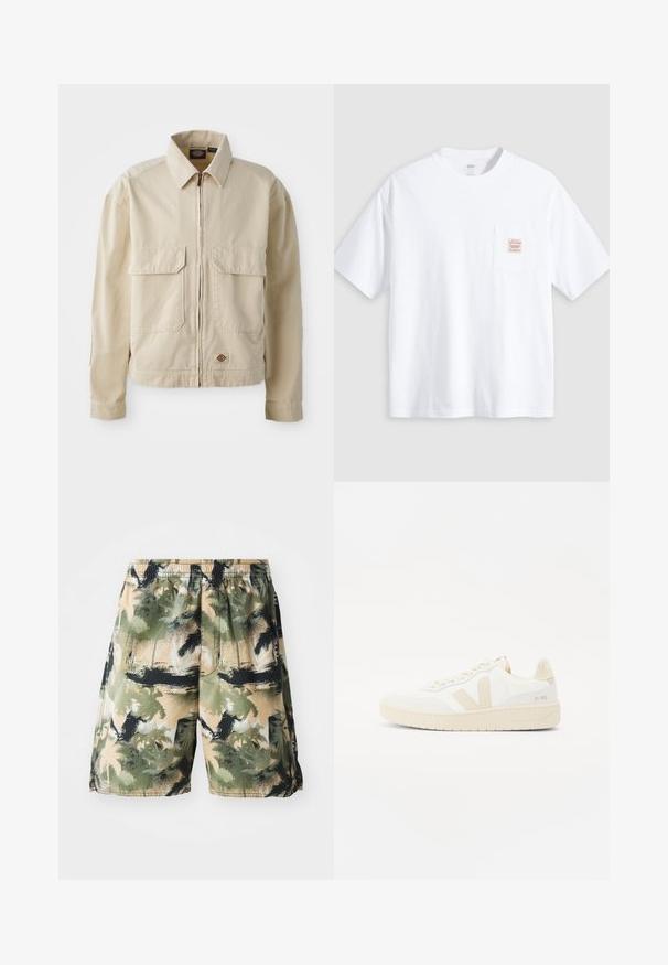 Beige, lichtgewicht jack met een rits aan de voorkant, twee borstzakken en een klein logo aan de onderrand. Gemaakt van duurzaam katoen.; Witte T-shirt met korte mouwen en ronde hals, met een klein borstzakje aan de voorkant met een beige en rood rechthoekig label.; Zwemshorts voor heren van een lichtgewicht, ademend materiaal met een tropisch palm patroon in groen, zwart en beige. Inclusief een elastische tailleband.; Witte sneaker met beige accenten, voorzien van een gestructureerde bovenkant, ronde neus en een dikke rubberen zool. Het ontwerp bevat het iconische V-logo en merkbranding.