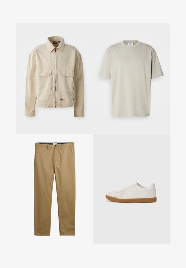 Beige, lichtgewicht jack met een rits aan de voorkant, twee borstzakken en een klein logo aan de onderrand. Gemaakt van duurzaam katoen.; Lichtgrijze katoenen t-shirt met een ronde hals, korte mouwen en een relaxte pasvorm. Glad van textuur en eenvoudig van ontwerp, geen patronen of accenten.; Khaki katoenen broek met een rechte pasvorm, voorzien van zijzakken, een knoopsluiting en een gestructureerde stof.; Witte sneaker gemaakt van glad leer met een gumrubberen zool, voorzien van eenvoudige stiksels en een klein gouden logo aan de zijkant.