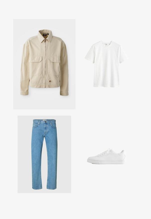 Beige, leichte Jacke mit Reißverschluss, zwei Brusttaschen und kleinem Logo am Saum. Hergestellt aus strapazierfähigem Baumwollmaterial.; Weißes Baumwoll-T-Shirt mit Rundhalsausschnitt, kurzen Ärmeln und lässiger Passform. Glatte Textur und keine sichtbaren Muster oder Akzente.; Hellblaue Jeans aus Denim verfügen über ein gerades Bein-Design, einen Five-Pocket-Stil und einen Reißverschluss mit Metallknopfverschluss.; Weißer Low-Top-Sneaker mit Schnürsenkeln, glattem Lederobermaterial und flacher Gummisohle, seitlich auf weißem Hintergrund gezeigt.