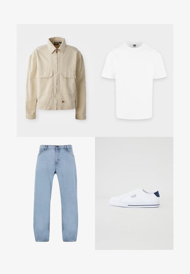 Beige, leichte Jacke mit Reißverschluss, zwei Brusttaschen und kleinem Logo am Saum. Hergestellt aus strapazierfähigem Baumwollmaterial.; Schlichtes weißes Baumwoll-T-Shirt mit kurzen Ärmeln und Rundhalsausschnitt, dargestellt auf hellem grauem Hintergrund.; Hellblaue Denim-Jeans im Straight-Leg-Design, ausgestattet mit vier Taschen, einem Reißverschluss und goldenen Nähdetails.; Weiße Canvas-Sneaker mit navyblauem Fersenakzent, flacher Gummisohle, runder Zehenpartie und weißen Schnürsenkeln. Mit Logo an der Seite.