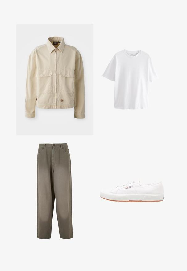 Beige, lichtgewicht jack met een rits aan de voorkant, twee borstzakken en een klein logo aan de onderrand. Gemaakt van duurzaam katoen.; Effen witte T-shirt met korte mouwen en ronde hals met een ontspannen pasvorm op een witte achtergrond.; Lichtgroene, wijde broek van zacht materiaal. Voorzien van een knoopsluiting, voorzakken en een overall gladde textuur.; Witte canvas sneakers met een rubberen zool, vetersluiting en een klein logolabel aan de zijkant. Gewreven wit bovenwerk en een bruine zool.