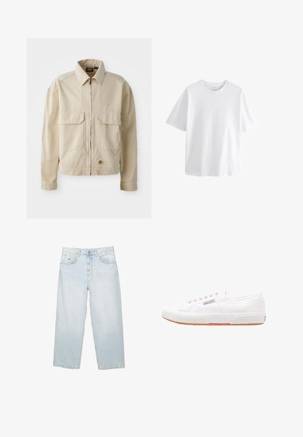 Beige, letvægtsjakke med lynlås foran, to brystlommer og et lille logo ved nederkanten. Lavet af slidstærk bomuldsstof.; Simpel hvid T-shirt med korte ærmer og rund hals med en afslappet pasform på hvid baggrund.; Lysblå højtaljede straight-leg jeans med frontknap, lommer og lille mærket metalmærke på den højre forlommer.; Hvide kanvas sneakers med gummisål, snørebåndsdesign og et lille logo mærke på siden. Tekstureret hvid overdel og brun ydersål.