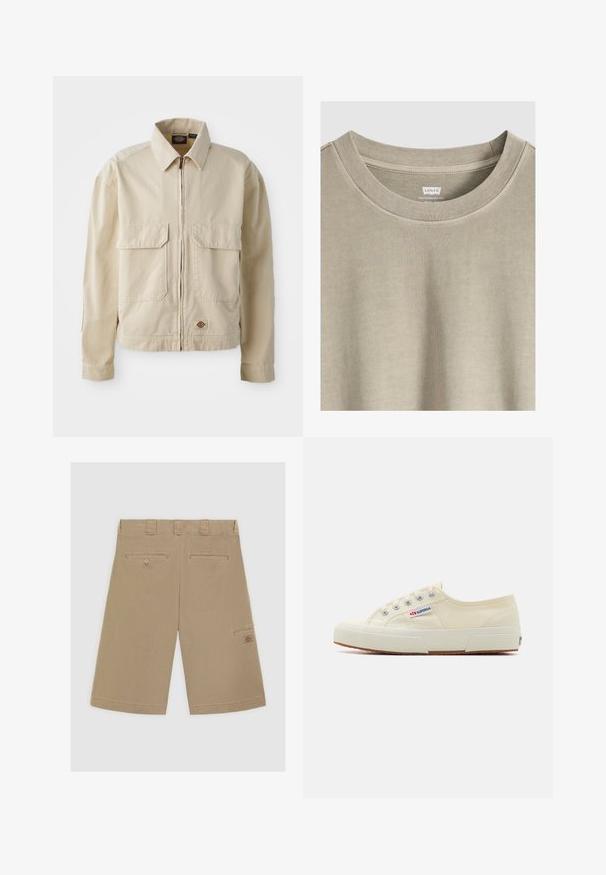 Beige, leichte Jacke mit Reißverschluss, zwei Brusttaschen und kleinem Logo am Saum. Hergestellt aus strapazierfähigem Baumwollmaterial.; Beiges Levi's T-Shirt mit Rundhalsausschnitt, sichtbaren Kragennähten und einem bedruckten Etikett im inneren Nackenbereich.; Helle braune Shorts mit flachem Bund, zwei Gesäßtaschen und einer Seitentasche. Aus glattem Baumwollstoff gefertigt.; Beige Leinen-Sneaker mit niedrigem Profil, Metallösen und Gummisohle. Mit einem strukturierten Muster und einem Logodetail an der Seite.