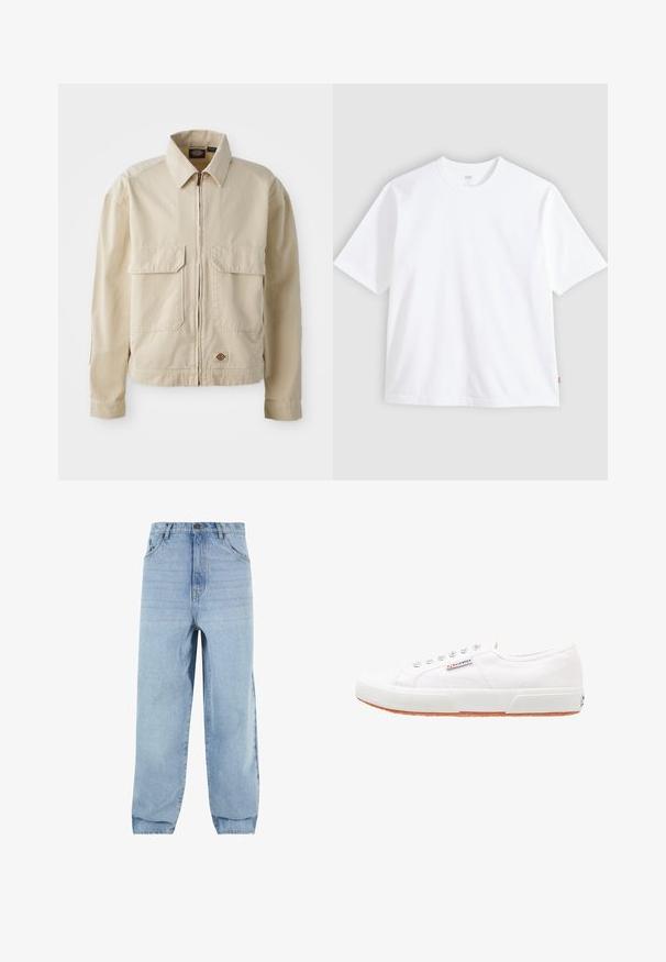 Beige, leichte Jacke mit Reißverschluss, zwei Brusttaschen und kleinem Logo am Saum. Hergestellt aus strapazierfähigem Baumwollmaterial.; Weißes kurzärmeliges T-Shirt aus Baumwolle mit Rundhalsausschnitt und geradem Schnitt. Etikett sichtbar am unteren Seiten Saum.; Helles, blaues Denim-Jeans mit lockerer Passform, hoher Taille und fünf Taschen. Mit Gürtelschlaufen und Knopfverschluss. Glatte Textur.; Weiße Leinensneaker mit Gummisohle, Schnürdesign und einem kleinen Logolabel an der Seite. Strukturierte weiße Oberseite und braune Außensohle.