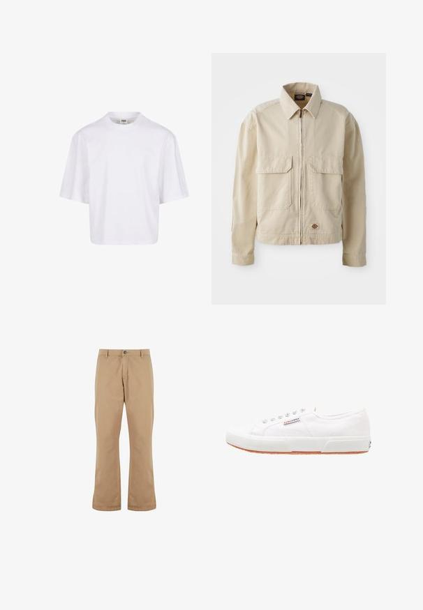 Beige, letvægtsjakke med lynlås foran, to brystlommer og et lille logo ved nederkanten. Lavet af slidstærk bomuldsstof.; Hvid t-shirt med korte ærmer, der har en rund halsudskæring og en afslappet pasform, lavet af et glat bomuldsblandingsstof. Ingen mønstre eller udsmykninger.; Beige bomuldsbukser med lige pasform, der har knaplukning, forlommer og en glat tekstur.; Hvide kanvas sneakers med gummisål, snørebåndsdesign og et lille logo mærke på siden. Tekstureret hvid overdel og brun ydersål.