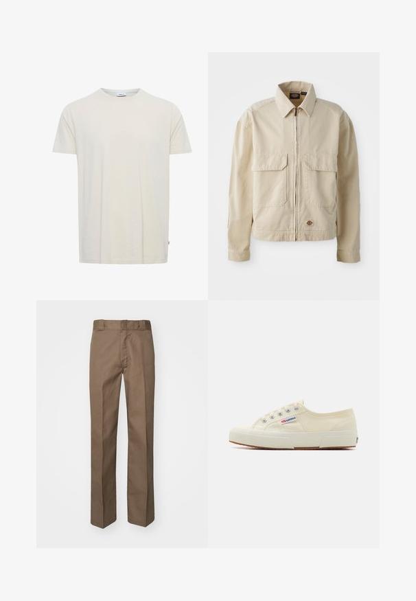 Veste beige légère avec fermeture éclair sur le devant, deux poches poitrine et un petit logo à l'ourlet. Fabriquée en tissu coton durable.; T-shirt uni écru à manches courtes et col rond, avec une petite étiquette au col et une étiquette latérale à l'ourlet.; Pantalon marron à design plat sur le devant, jambes droites et taille classique. Fabriqué en tissu durable, sans motifs ni ornements visibles.; Baskets en toile beige au design épuré, œillets en métal et semelle en caoutchouc. Présente un motif texturé et un détail de logo sur le côté.