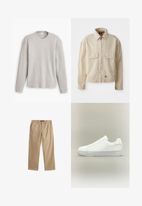 Beige, lichtgewicht jack met een rits aan de voorkant, twee borstzakken en een klein logo aan de onderrand. Gemaakt van duurzaam katoen.; Grijze lange mouwen trui van gebreid materiaal met een geribbeld patroon, ronde halslijn en rechte zoom. De manchetten zijn aansluitend en gemaakt van zachte stof.; Beige recht gesneden chino's van lichtgewicht katoen. Voorzien van twee voorzakken en een knoopsluiting. Gladde textuur, minimale details.; Witte lage sneaker met veters aan de voorkant, gevoerde kraag en gerubberde zool met textuur, zijaanzicht op een neutrale achtergrond.