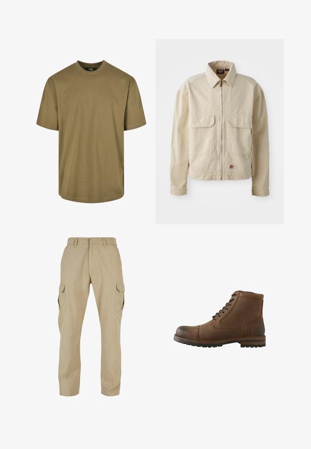 Chaqueta ligera beige con cremallera en el frente, dos bolsillos en el pecho y un pequeño logo en el dobladillo. Fabricada con un duradero tejido de algodón.; Camiseta de color verde oliva, de mangas cortas, con cuello redondo, fabricada en material de algodón, presenta un diseño liso sin patrones ni acentos.; Pantalones cargo beige de algodón twill, con múltiples bolsillos laterales, diseño de pierna recta y cierre con cremallera y pasadores para cinturón.; Bota de cuero marrón hasta el tobillo con cordones delanteros y suela rugosa, diseñada para uso casual o al aire libre.
