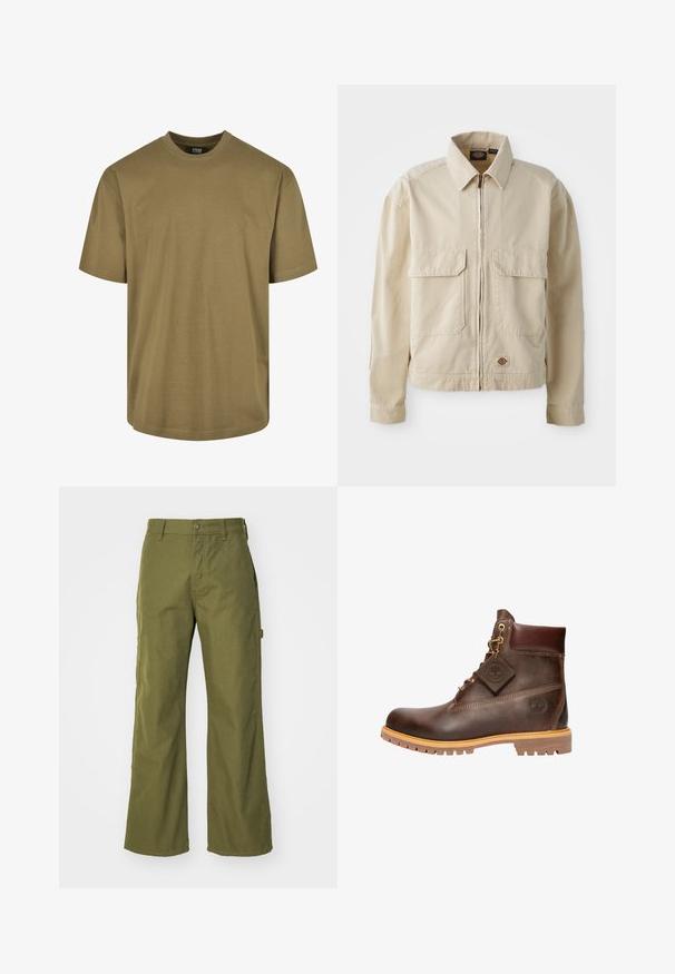 Beige, leichte Jacke mit Reißverschluss, zwei Brusttaschen und kleinem Logo am Saum. Hergestellt aus strapazierfähigem Baumwollmaterial.; Olivenfarbene T-Shirt, kurze Ärmel, runder Halsausschnitt, aus Baumwollmaterial, verfügt über ein schlichtes Design ohne Muster oder Akzente.; Olivgrüne, weite Hosen aus strapazierfähigem Material, mit Knopfverschluss, seitlichen Taschen und einem geraden Saumdesign.; Braune Leder-Ankelstiefel mit runder Zehenpartie, robuster Sohle, goldfarbener Hardware und strukturiertem Obermaterial. Enthält ein angehängtes Logo-Tag.