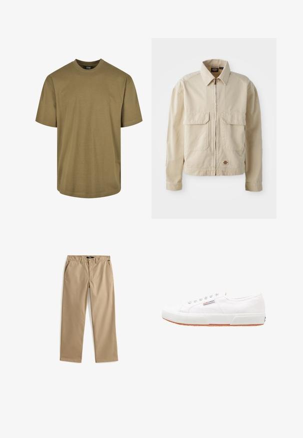 Beige, leichte Jacke mit Reißverschluss, zwei Brusttaschen und kleinem Logo am Saum. Hergestellt aus strapazierfähigem Baumwollmaterial.; Olivenfarbene T-Shirt, kurze Ärmel, runder Halsausschnitt, aus Baumwollmaterial, verfügt über ein schlichtes Design ohne Muster oder Akzente.; Beige gerade Hose mit Knopf- und Reißverschluss, Gürtelschlaufen und Seitentaschen, flach auf weißem Hintergrund liegend.; Weiße Leinensneaker mit Gummisohle, Schnürdesign und einem kleinen Logolabel an der Seite. Strukturierte weiße Oberseite und braune Außensohle.