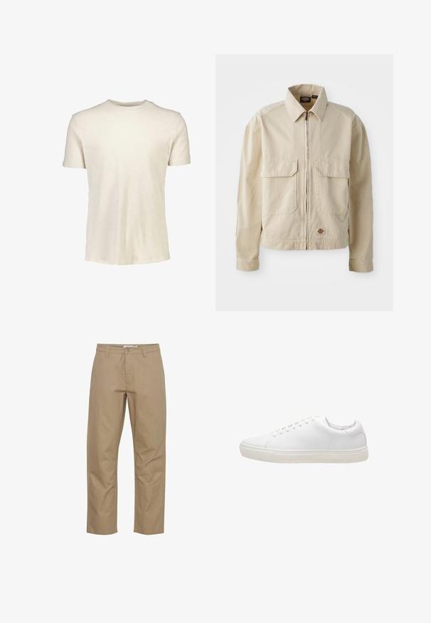 Beige, lichtgewicht jack met een rits aan de voorkant, twee borstzakken en een klein logo aan de onderrand. Gemaakt van duurzaam katoen.; Korte mouwen t-shirt in lichtbeige, gemaakt van zachte katoen. Heeft een ronde halslijn en een gladde textuur zonder patronen of afbeeldingen.; Beige katoenen broek met een rechte pijp, voorzien van een knoop- en ritsluiting aan de voorkant, zijzakken en een nette afwerking.; Witte leren sneaker met een gladde textuur, ronde neus, vetersluiting en een platte rubberen zool. Minimalistisch ontwerp zonder zichtbare patronen.