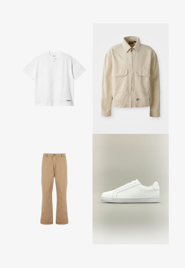 Beige, letvægtsjakke med lynlås foran, to brystlommer og et lille logo ved nederkanten. Lavet af slidstærk bomuldsstof.; Carhartt WIP LINK SCRIPT - T-shirts basic - white; Beige bomuldsbukser med lige pasform, der har knaplukning, forlommer og en glat tekstur.; Lavtop hvid sneaker med snørelukning foran og tekstureret gummisål mod en ensartet neutral baggrund.