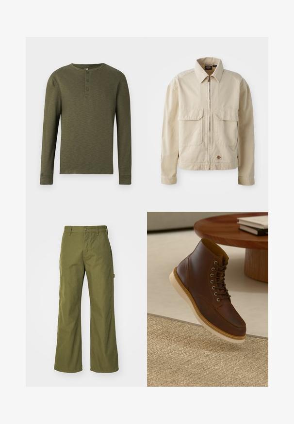 Beige, letvægtsjakke med lynlås foran, to brystlommer og et lille logo ved nederkanten. Lavet af slidstærk bomuldsstof.; Langærmet olivengrøn henley skjorte med rund hals, tre knapper ved kraven og en tekstureret stofoverflade.; Oliven grønne bukser med bred ben, lavet af slidstærkt stof, med knaplukning, sidelommer og lige kantdesign.; Brune læderankelstøvle med beige sål på et struktureret beige tæppe ved siden af et rundt træbord med stakke af bøger.