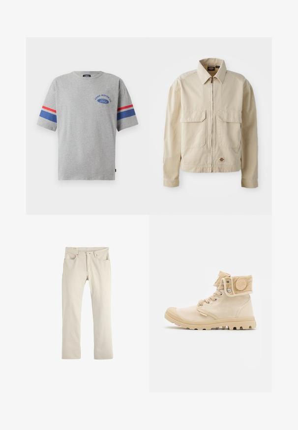 Beige, kevyt takki, jonka edessä on vetoketju, kaksi rintataskua ja pieni logo helmassa. Valmistettu kestävästä puuvillakankaasta.; Harmaa puuvillapaita lyhyillä hihoilla, joissa on sinisiä ja punaisia raitoja hihoissa sekä sininen "Ford Motor Co" -logo rinnassa.; Beigen väriset farkut, joissa suora leikkaus, hillitty ompelu, viisi taskua, napitus ja minimalistinen muotoilu.; Beige kanvas nilon sepatu pergelangan kaki dengan bagian atas yang tekstur, penutup jari karet, dan kerutan yang dapat dilipat dengan pelat logo berbentuk bulat.