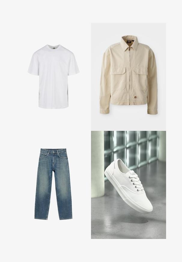 Veste beige légère avec fermeture éclair sur le devant, deux poches poitrine et un petit logo à l'ourlet. Fabriquée en tissu coton durable.; T-shirt blanc uni à manches courtes avec col rond et coupe décontractée, présenté sur fond blanc.; Jean en denim bleu coupe droite avec poches avant, passants de ceinture et fermeture par bouton, présenté sur fond blanc.; Baskets basses blanches en toile avec lacets, étiquetées Tommy Hilfiger, montrées flottant au-dessus d’un sol gris lisse près d’un mur en briques de verre.
