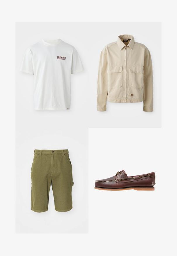 Beige, leichte Jacke mit Reißverschluss, zwei Brusttaschen und kleinem Logo am Saum. Hergestellt aus strapazierfähigem Baumwollmaterial.; Weißes Baumwoll-T-Shirt mit kurzen Ärmeln, Rundhalsausschnitt und einem roten Logo auf der linken Brustseite. Schlichtes Design ohne Muster.; Olivgrüne Baumwoll-Cargo-Shorts mit Knopfverschluss, Gürtelschlaufen, seitlichen Taschen und einer leicht strukturierten Stoffoberfläche.; Brauner Leder-Bootsschuh mit weißen Nähten, Schnürdetails und hellbrauner Gummisohle, seitlich auf weißem Hintergrund gezeigt.