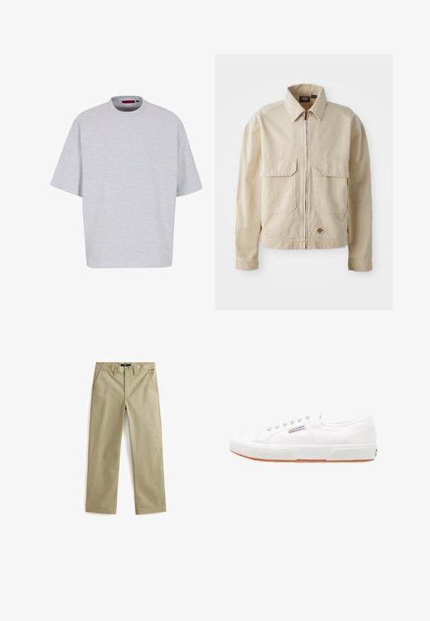 Beige, letvægtsjakke med lynlås foran, to brystlommer og et lille logo ved nederkanten. Lavet af slidstærk bomuldsstof.; Lys grå oversized t-shirt, korte ærmer, rund halsudskæring, lavet af blødt stof, har en lige kant uden mønstre eller dekorationer.; Beige bomulds chinos med lige ben design, der har to forlommer og en klassisk knaplukning. Glat tekstur, minimale detaljer.; Hvide kanvas sneakers med gummisål, snørebåndsdesign og et lille logo mærke på siden. Tekstureret hvid overdel og brun ydersål.