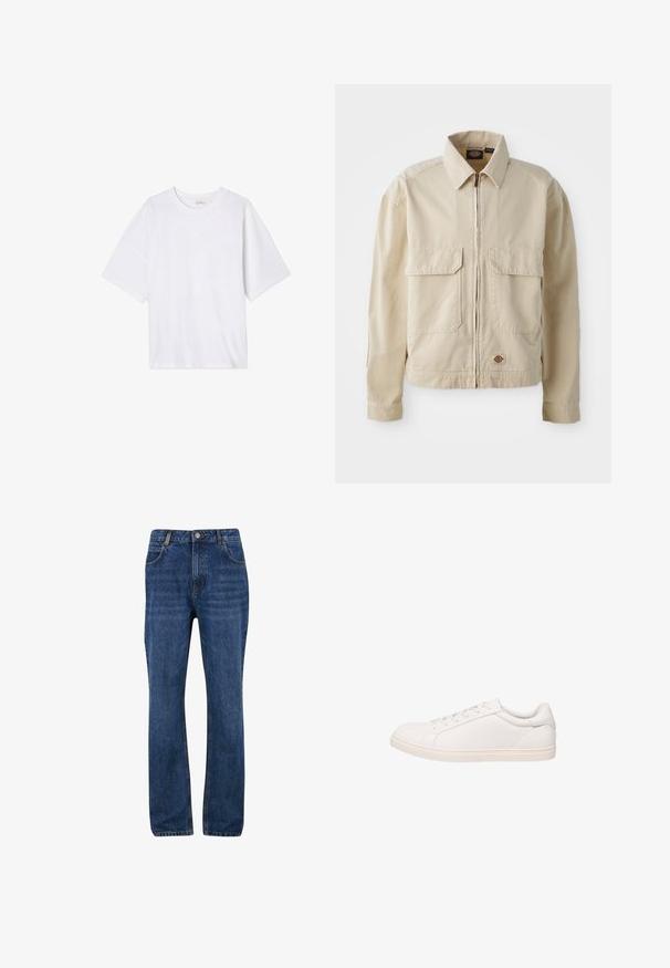 Beige, lichtgewicht jack met een rits aan de voorkant, twee borstzakken en een klein logo aan de onderrand. Gemaakt van duurzaam katoen.; Witte T-shirt met korte mouwen van zacht materiaal. Heeft een ronde halslijn en een relaxte pasvorm met een rechte zoom. Geen patronen of hardware.; Donkerblauwe denim jeans met een rechte pijp, voorzien van voorzakken, riemlussen en een rits met knoopsluiting.; Witte low-top sneaker met veterluiting en platte zool, weergegeven in zijprofiel op een witte achtergrond.