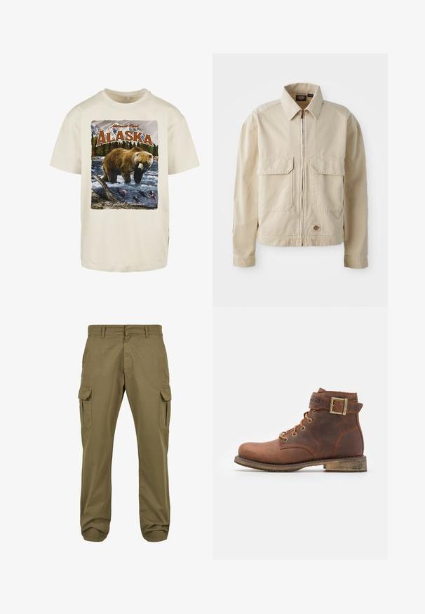 Chaqueta ligera beige con cremallera en el frente, dos bolsillos en el pecho y un pequeño logo en el dobladillo. Fabricada con un duradero tejido de algodón.; Camiseta de algodón color crema con una impresión gráfica de un oso pardo en el agua, montañas y árboles, con "Alaska" y "La Última Frontera."; Pantalones cargo verdes con corte recto, de material de algodón, bolsillos laterales y cierre de botón para mayor funcionalidad. Textura suave, diseño casual.; Harley Davidson VNTGMOTO SHORT RIDING APPROVED - Botines camperos - brown