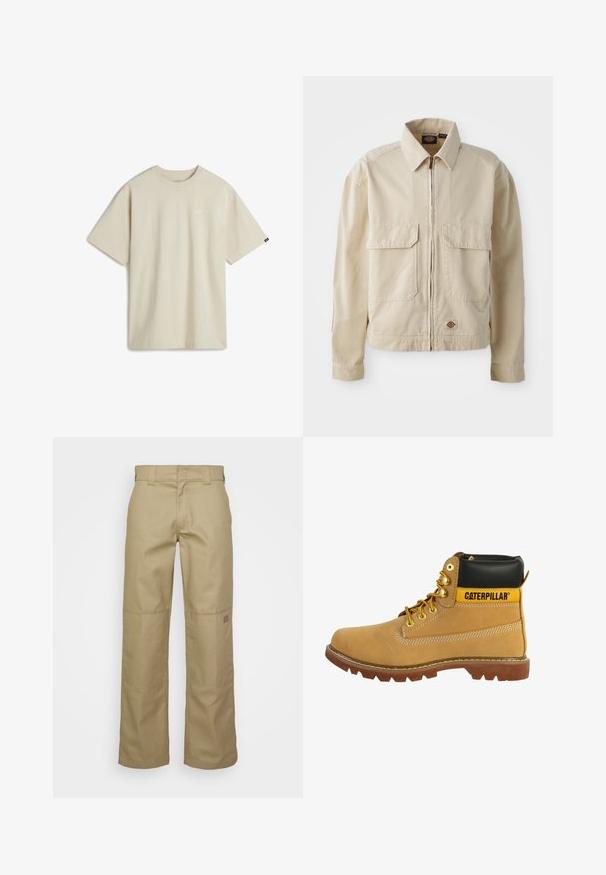 Beige, letvægtsjakke med lynlås foran, to brystlommer og et lille logo ved nederkanten. Lavet af slidstærk bomuldsstof.; Beige bomulds T-shirt med korte ærmer, rund halsudskæring og et lille hvidt logo på brystet. Glat tekstur med en afslappet pasform.; Beige vidde bukser lavet af en blanding af bomuldsstof. Har forstærkede knæpuder og et lille logo-patch på det øverste ben.; Brun læderstøvle med en sort krave, gule accenter, guldøjer og en robust sål. Har en sidesøm og kontrasterende syning detaljer.