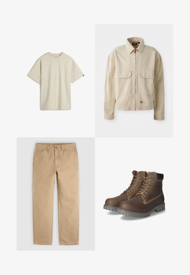 Beige, letvægtsjakke med lynlås foran, to brystlommer og et lille logo ved nederkanten. Lavet af slidstærk bomuldsstof.; Beige bomulds T-shirt med korte ærmer, rund halsudskæring og et lille hvidt logo på brystet. Glat tekstur med en afslappet pasform.; Beige casual bukser med lige ben, forlommer, bæltestropper og knaplukning, vist fladt på en lys baggrund.; Brune læder ankelstøvler med snørebånd, polstret krave, kontrasterende syninger og slidstærk gummisål med skridsikre mønstre.