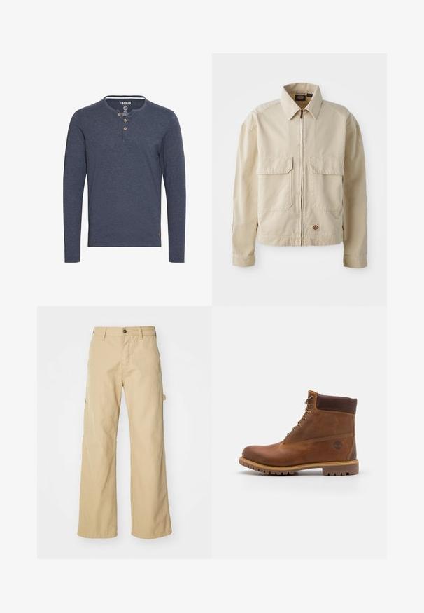 Chaqueta ligera beige con cremallera en el frente, dos bolsillos en el pecho y un pequeño logo en el dobladillo. Fabricada con un duradero tejido de algodón.; Solid SDVOLKO - Camiseta de manga larga - mottled blue; Pantalones cargo de pierna ancha en color beige con cierre de botón, que cuentan con bolsillos laterales, fabricados en resistente tejido de algodón, con textura suave y diseño de corte recto.; Botas de senderismo de cuero marrón con un acabado suave, tobillo acolchado, ojales de metal y suela de goma con un patrón de tracción robusto.