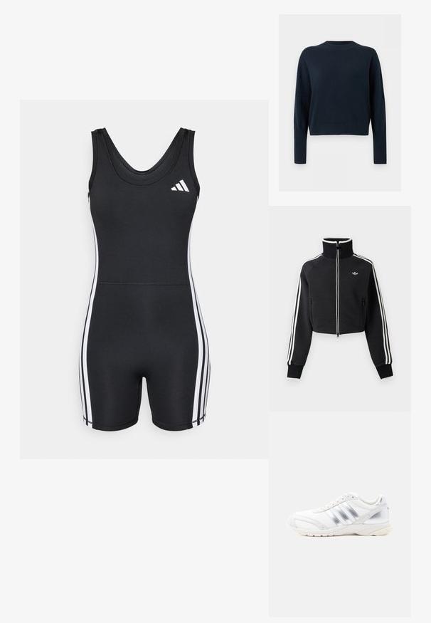 Musta lyhyt vetoketjullinen takki, jossa korkea kaulus, valkoiset raidat hihoissa ja pieni valkoinen Adidas-logo vasemmassa rinnassa.; adidas Performance ONESIE - tanssihaalari - black/white; Tummansininen, pyöreäkauluksinen neulepusero, jossa on pitkät hihat sekä resorireunukset hihoissa ja helmassa, esillä vaalealla yksinkertaisella taustalla.; Valkoinen urheilukenkä hopeanvärisillä yksityiskohdilla, teksturoitua päällismateriaalia, kolmiraitainen muotoilu ja paksu kumipohja.