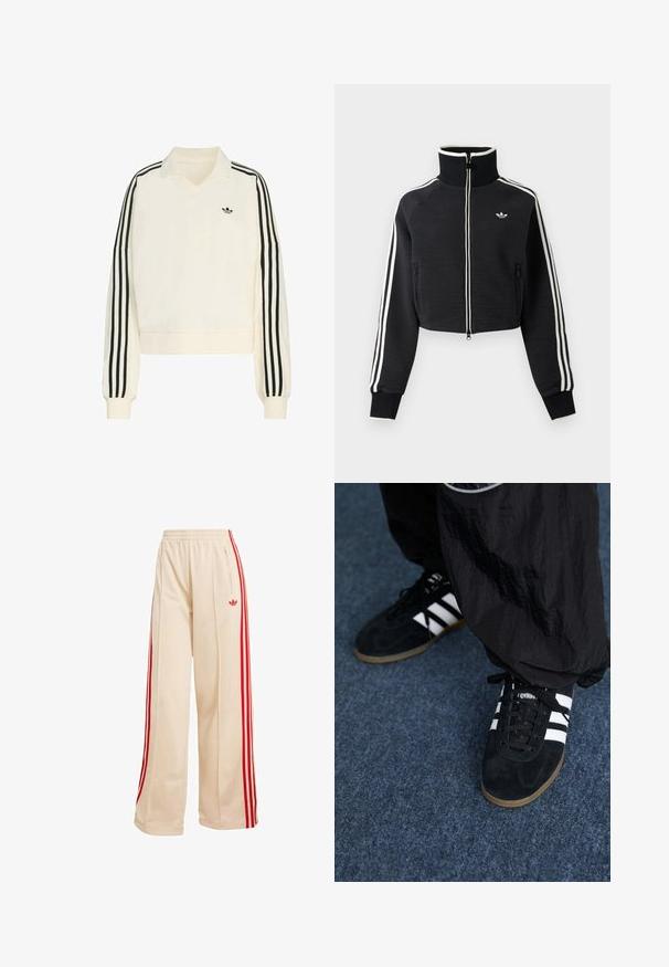 Veste courte noire zippée avec col montant, bandes blanches le long des manches et petit logo blanc Adidas sur la poitrine gauche.; Pull crème avec un col en V, des manches longues, des rayures noires le long des bras et un petit logo noir sur la poitrine. Fabriqué en tissu doux.; Pantalon de survêtement beige à jambes larges avec taille élastique, bandes latérales rouges, poche zippée et logo Adidas Trefoil rouge sur la cuisse droite.; Des chaussures de sport en suède noir avec trois rayures blanches et des lacets noirs. Un pantalon noir texturé est partiellement visible à côté des chaussures.
