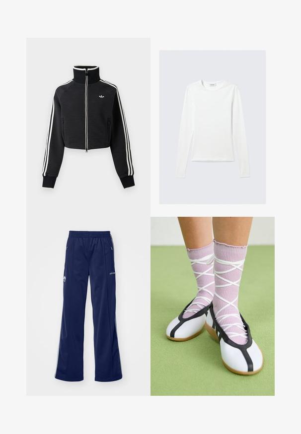 Zwarte cropped jas met rits en hoge kraag, witte strepen langs de mouwen en klein wit Adidas-logo op de linkerborst.; Effen wit shirt met lange mouwen en ronde hals, slim fit, afgebeeld tegen een lichtgrijze achtergrond.; Marineblauwe sportbroek met een elastische tailleband, zijzakken met rits en zilveren accenten. Voorzien van een logo op de bovenbeen en wijde pijpen.; Benen met geribbelde lavendelkleurige sokken met witte kruisbanden, gecombineerd met witte ballerina's met zwarte bies op een groene vloer.