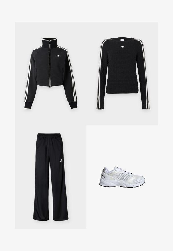Sort cropped lynlåsjakke med høj krave, hvide striber langs ærmerne og lille hvid Adidas-logo på venstre bryst.; Sort strikket sweater med tekstureret overflade, lange ærmer, rund hals og hvide sidelister med et broderet logo på brystet.; Sorte atletikbukser med elastisk talje og hvidt Adidas-logo på højre lår, vist på hvid baggrund.; Hvide sportsko i åndbart mesh og syntetiske materialer, med tre sølvstriber, struktureret gummisål og polstret krave.