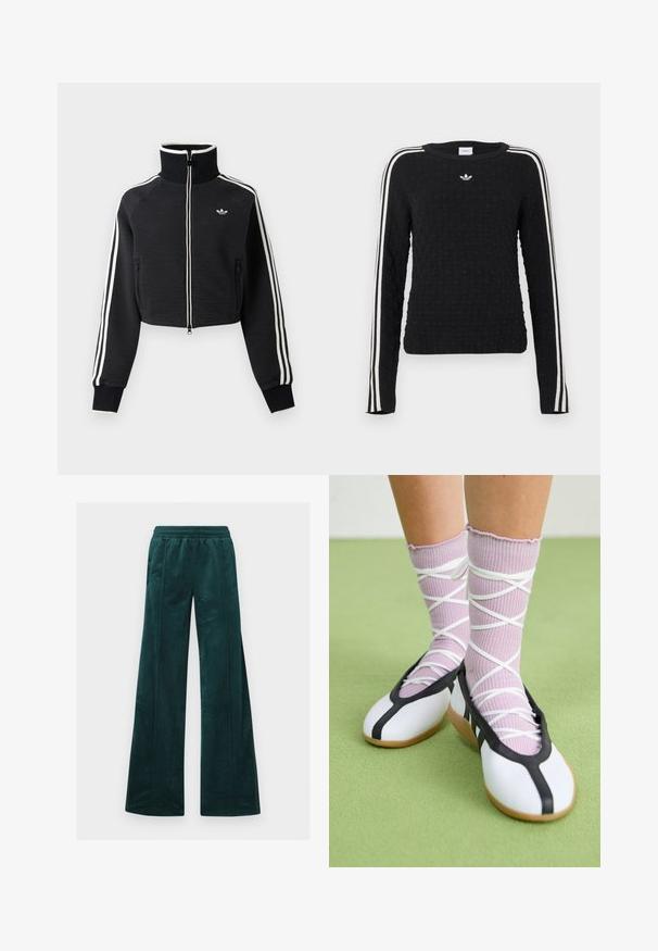 Sort cropped lynlåsjakke med høj krave, hvide striber langs ærmerne og lille hvid Adidas-logo på venstre bryst.; Sort strikket sweater med tekstureret overflade, lange ærmer, rund hals og hvide sidelister med et broderet logo på brystet.; Teal bredde bukser i blød velour med elastisk talje og vertikal syning. Ingen synlige lommer.; Ben iført ribbet lilla sokker med hvide krydsede stropper kombineret med hvide balletsko med sort kant på grøn gulv.