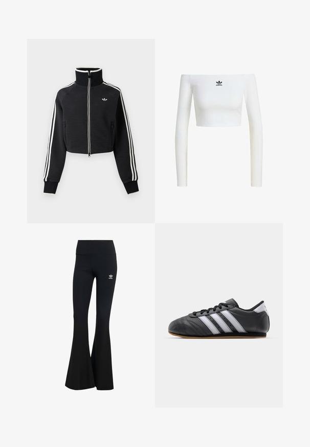 Čierna krátka bunda na zips s vysokým golierom, bielymi pruhmi na rukávoch a malým bielym logom Adidas na ľavej strane hrude.; Biela crop top s odhalenými ramenami z rebrovaného materiálu, s dlhými rukávmi a malým čiernym logom Adidas na prednej strane.; Čierne rebrované legíny s rozšírenými nohavicami a širokým pásom, s malým bielym logom Adidas na hornej ľavej strane. Mäkkučký textilný materiál.; Čierne kožené športové topánky s bielymi pruhmi, okrúly špička, plochá podrážka a šnurovanie. Obsahujú perforácie pre lepšiu priedušnosť.
