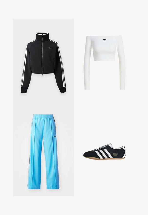 Zwarte cropped jas met rits en hoge kraag, witte strepen langs de mouwen en klein wit Adidas-logo op de linkerborst.; Witte off-shoulder crop top van ribstof, met lange mouwen en een klein zwart Adidas-logo aan de voorkant.; Lichtblauwe sportbroek met een elastische tailleband, zijritsen en zwarte accenten aan de zijkanten. Zachte stof met een losse, wijde pijpdesign.; Zwarte suède sneaker met witte drie strepen, gouden logo en een bruine rubberen zool. Heeft een laag profiel vetersluiting ontwerp.
