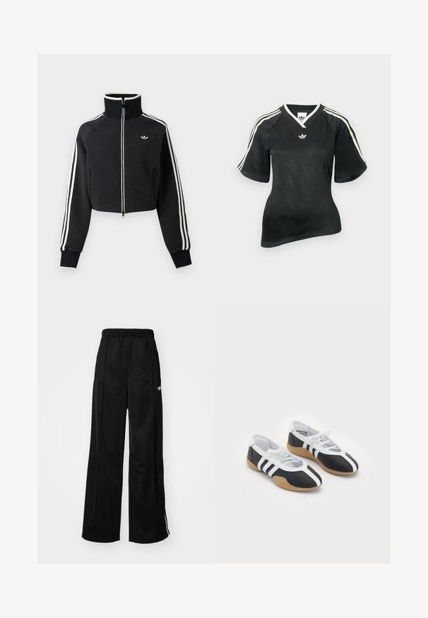 Sort cropped lynlåsjakke med høj krave, hvide striber langs ærmerne og lille hvid Adidas-logo på venstre bryst.; Sort atletisk skjorte med V-hals, korte ærmer og tekstureret chevronmønster. Har hvide tre-stribe accenter på skuldrene og logo.; Sorte brede træningsbukser med elastisk talje, prydet med hvide side-striber og et lille logo på venstre hofte. Glat stofstruktur.; Sort-hvide sportsko med et slankt design, gummisål, snørebåndslukning og tre hvide striber på siden.