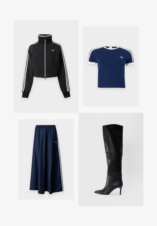 Zwarte cropped jas met rits en hoge kraag, witte strepen langs de mouwen en klein wit Adidas-logo op de linkerborst.; Marineblauw T-shirt met korte mouwen, wit biesje aan de kraag en mouwen, witte strepen op de schouders en een klein wit Adidas-logo op de borst.; Donkerblauwe maxi-rok met elastische tailleband, twee witte zijstrepen en een klein wit Adidas-logo aan de linkerkant.; Zwarte leren over-de-knie laars met een spitse neus, naaldhak en een slank ontwerp met een logo-accent op de enkel.