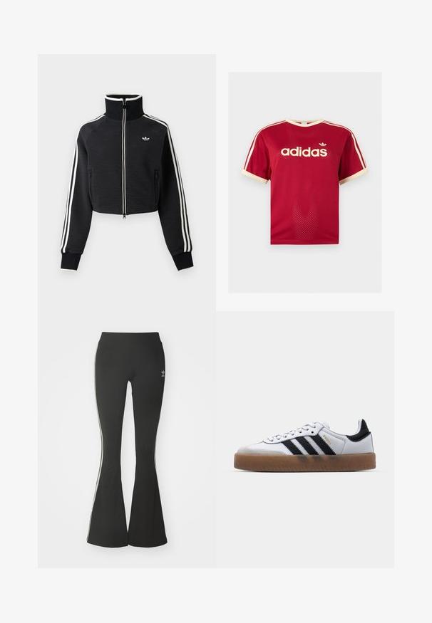 Schwarze, kurze Reißverschlussjacke mit hohem Kragen, weißen Streifen an den Ärmeln und kleinem weißem Adidas-Logo auf der linken Brust.; Rotes Adidas Mesh-T-Shirt mit beigem Besatz am Kragen, an den Ärmeln und den drei Streifen auf den Schultern, mit Adidas-Logo und Schriftzug auf der Vorderseite.; Schwarze ausgestellte Leggings aus Stretchmaterial mit hohem Bund und weißen Seitenstreifen. Inklusive kleinem Logo am Bund.; Weiße Leder Sneakers mit schwarzen Streifen, Gummigummi-Außensohle, runder Zehenform, Schnürverschluss und weichem grauem Wildleder-Zehenkappe.