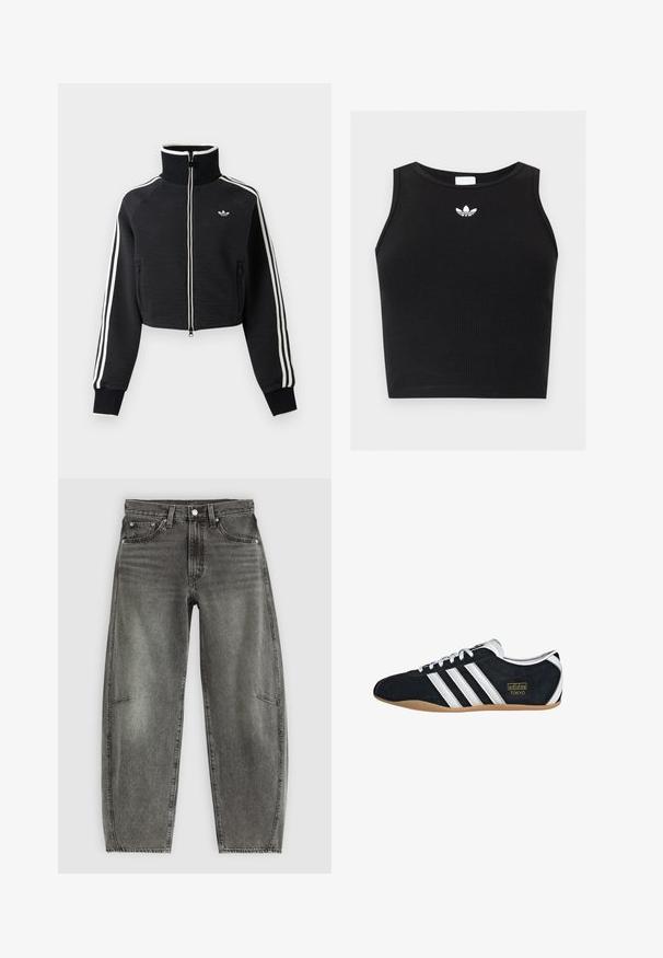 Čierna krátka bunda na zips s vysokým golierom, bielymi pruhmi na rukávoch a malým bielym logom Adidas na ľavej strane hrude.; Čierny rebrovaný krátky top bez rukávov s okrúhlym výstrihom a malým bielym logom Adidas trefoil umiestneným v strede pri golieri.; Šedé vysoké džínsy s umelým opotrebovaním, s piatimi vreckami, zapínaním na gombík a voľným rovnomerným strihom.; Čierne semišové tenisky s bielymi tromi pruhmi, zlatým logom a hnedou gumovou podrážkou. Disponujú nízkym šnurovacím dizajnom.