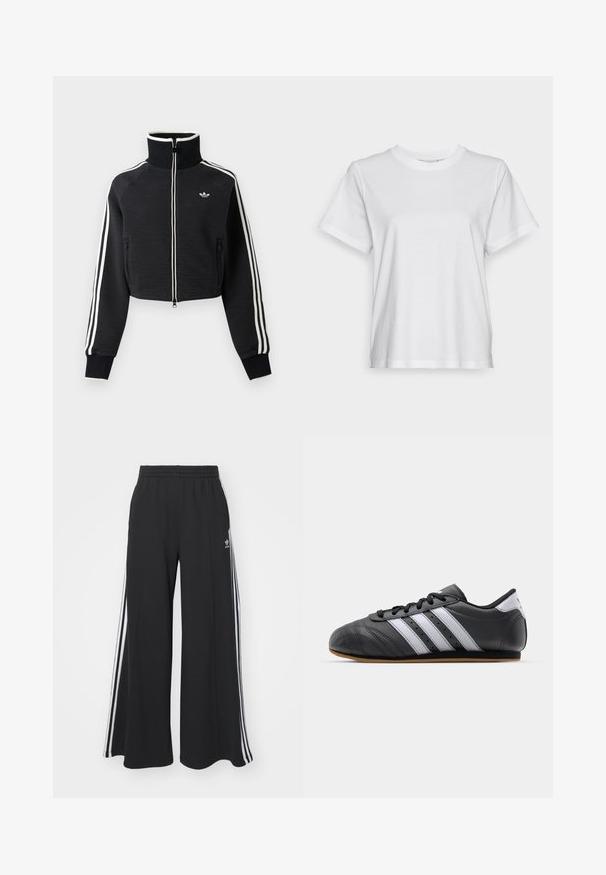 Sort cropped lynlåsjakke med høj krave, hvide striber langs ærmerne og lille hvid Adidas-logo på venstre bryst.; Hvid bomulds T-shirt med korte ærmer, rund hals og en afslappet pasform. Glat tekstur, uden mønstre eller grafik, enkel design.; Sorte bukser med vide ben og elastik i taljen, med tre hvide striber langs ydersiderne og et lille logo foran.; Sorte lædersportssko med hvide striber, rund tå, flad sål og snørelukning. Har perforeringer for åndbarhed.