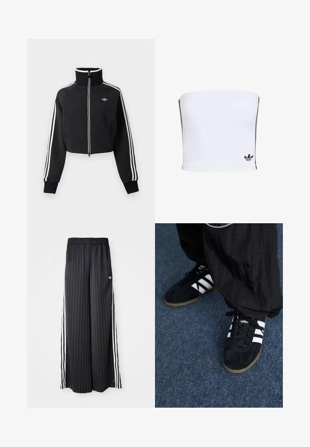 Chaqueta negra corta con cremallera, cuello alto, rayas blancas a lo largo de las mangas y pequeño logo blanco de Adidas en el pecho izquierdo.; Top bandeau blanco hecho de tejido elástico. Presenta rayas laterales negras y un pequeño logotipo negro en el dobladillo. Textura suave.; Pantalones negros de pierna ancha con rayas blancas verticales, cinturilla elástica y tres rayas blancas a lo largo del lado. Logo de Adidas en la parte frontal.; Zapatillas deportivas de ante negro con tres rayas blancas y cordones negros. Un pantalón negro texturizado es parcialmente visible al lado de las zapatillas.
