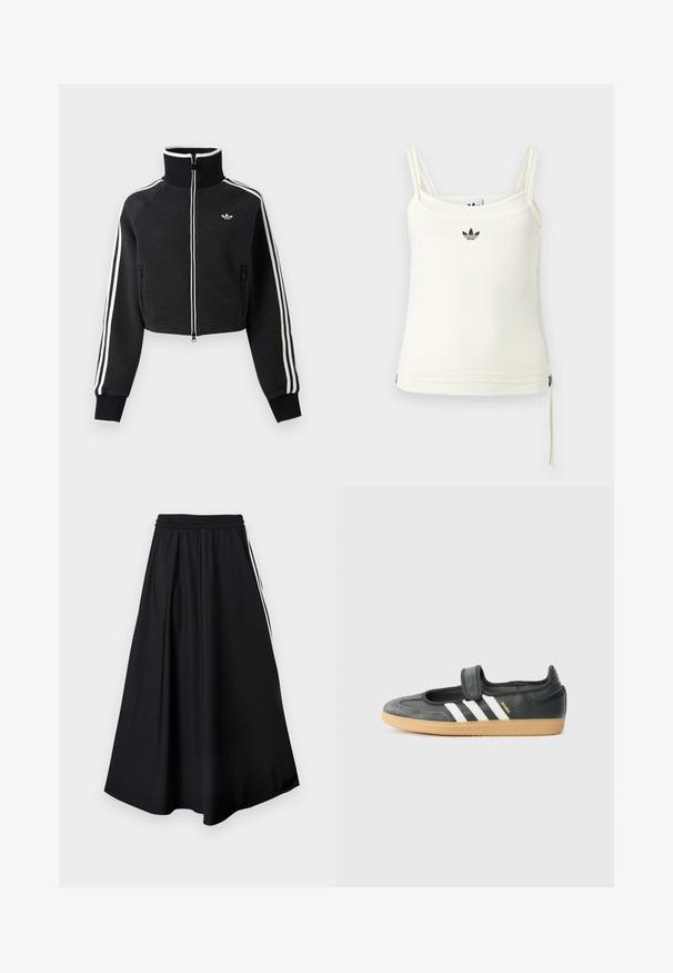 Black cropped zip-up jacket with high collar, white stripes along sleeves, and small white Adidas logo on left chest.; Cream tank top with thin straps; Adidas logo in black at chest. Smooth fabric with a drawstring detail at the hem. Simple design.; Black wide-leg pants with elastic waistband and white side stripes, displayed against a plain white background.; Black leather and suede sneaker with a Velcro strap, featuring three white stripes and a gum sole, labeled "SAMBA" on the side.