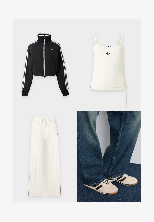 Schwarze, kurze Reißverschlussjacke mit hohem Kragen, weißen Streifen an den Ärmeln und kleinem weißem Adidas-Logo auf der linken Brust.; Cremefarbenes Tanktop mit dünnen Trägern; Adidas-Logo in Schwarz auf der Brust. Glatter Stoff mit Kordelzug-Detail am Saum. Einfaches Design.; Weiße Sweatpants mit weitem Bein, elastischem Tunnelzugbund, Seitentaschen, vertikalen Nahtdetails und dezenten schwarzen Streifen entlang der Außenseiten der Beine.; Cremefarbene Sneaker mit schwarzen Streifen und Netzpaneelen, kombiniert mit blauen Jeans aus Denim mit einem verfärbten Finish und fransigem Saum.