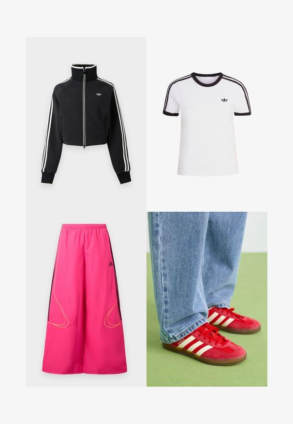 Čierna krátka bunda na zips s vysokým golierom, bielymi pruhmi na rukávoch a malým bielym logom Adidas na ľavej strane hrude.; Biele tričko s krátkym rukávom s čiernymi detailmi, s okrúhlym výstrihom a tromi čiernymi pruhmi na každom ramene. Malé čierne logo na hrudi.; Ružové športové nohavice s elastickým pásom, širokými nohavicami, čiernymi bočnými panelmi a žltým prešívaním. Na prednej strane logo Adidas.; Červené semišové tenisky s tromi bielymi pruhmi, okrúhlou špičkou a textúrovanou podrážkou, v kombinácii s svetlomodrými džínsami na zelenom pozadí.