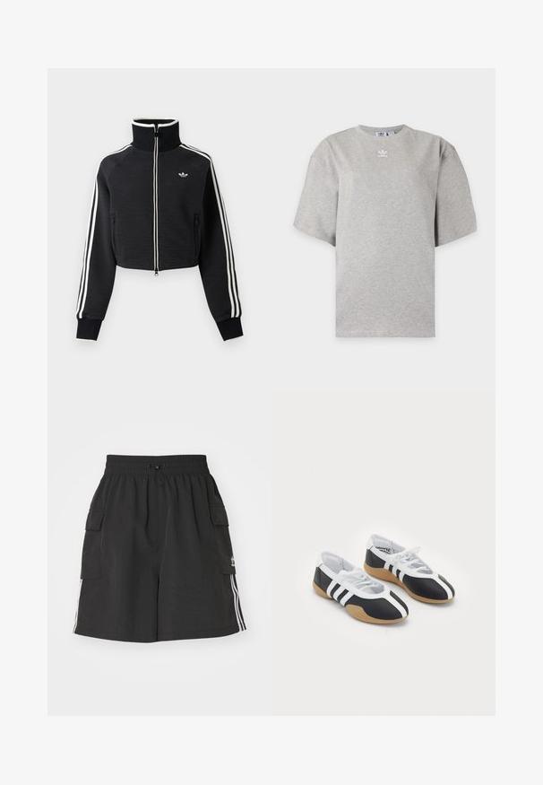 Sort cropped lynlåsjakke med høj krave, hvide striber langs ærmerne og lille hvid Adidas-logo på venstre bryst.; Lysegrå Adidas T-shirt med korte ærmer, rund hals og lille hvid Adidas-logo på brystet, vist på en ensfarvet baggrund.; Sorte cargo shorts lavet af letvægtsmateriale, med elastisk talje, snor lukning, sidelommer og hvide sidelister.; Sort-hvide sportsko med et slankt design, gummisål, snørebåndslukning og tre hvide striber på siden.