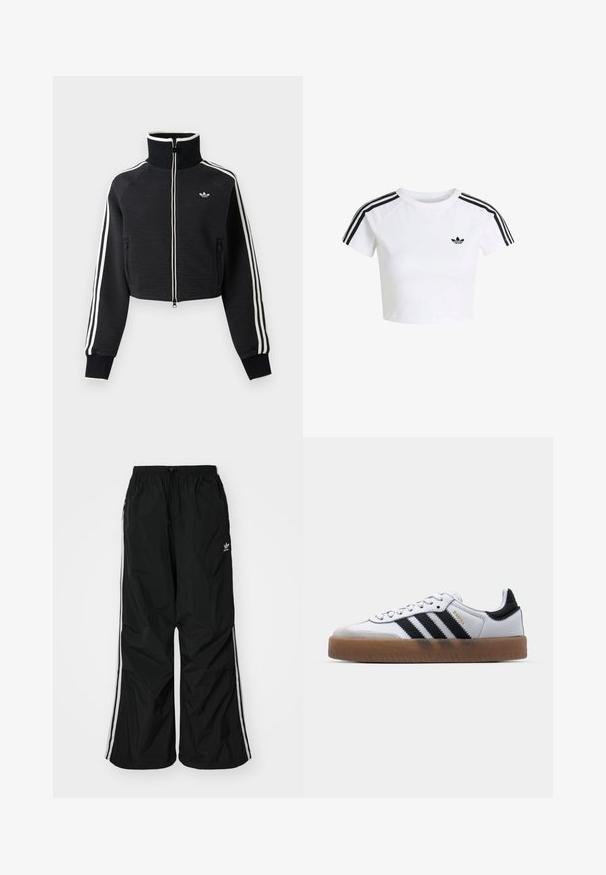 Sort cropped lynlåsjakke med høj krave, hvide striber langs ærmerne og lille hvid Adidas-logo på venstre bryst.; Hvid crop top t-shirt med sort Adidas trefoil-logo på brystet og tre sorte striber langs skuldrene og ærmerne.; Sorte vindjakke-bukser med elastisk talje, snøre, hvide side-striber, løs pasform og en lille logo på venstre side.; Hvide lædersneakers med sorte striber, gummirubber sål, rund tå, snørelukning og blød grå ruskinds tåhætte.